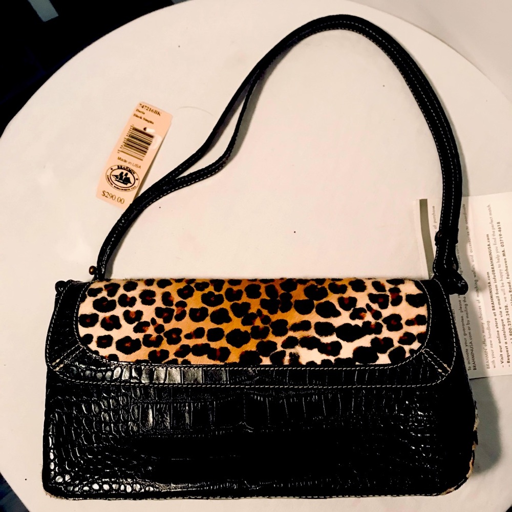 Brahmin black and leopard print purse